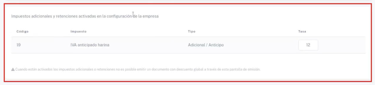 Sección para añadir impuestos adicionales