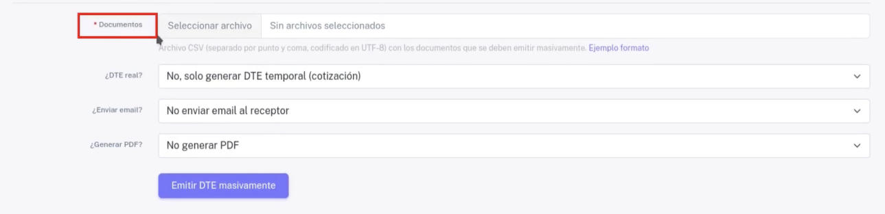 Sección para cargar archivo CSV