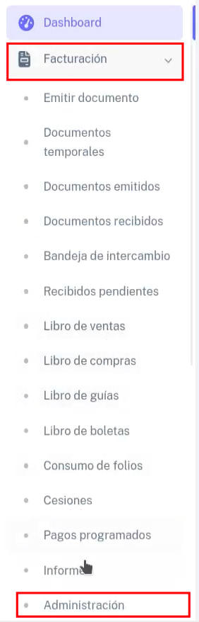 Opción Administración en Facturación