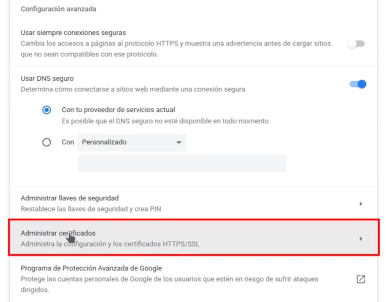 Menú de Google Chrome