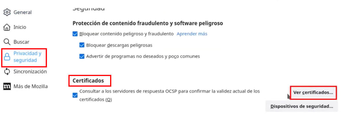Opción Certificados en Privacidad y seguridad