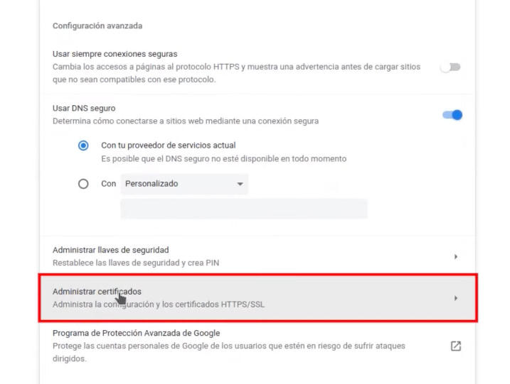 Opción Administrar certificados en Privacidad y seguridad