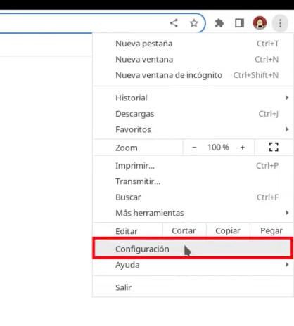 Opción Configuración en menú de Google Chrome