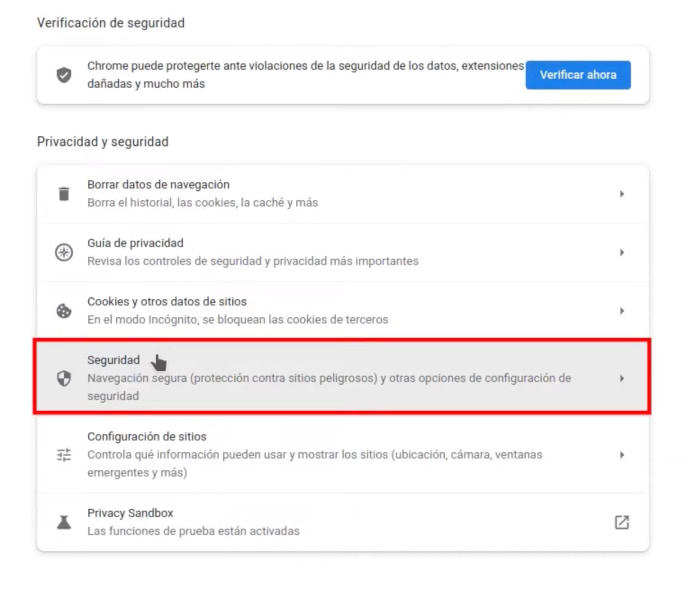 Opción Seguridad en sección Privacidad y seguridad