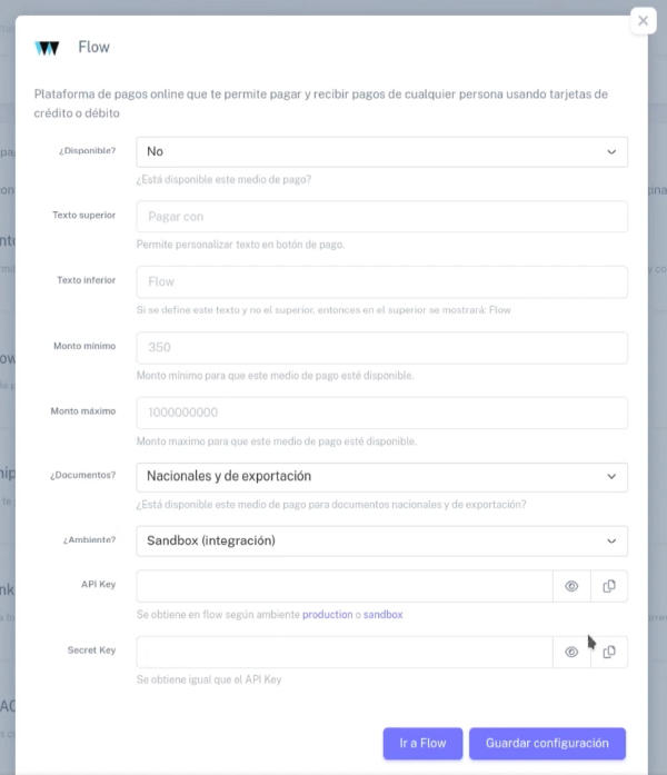 Ventana de configuración de medio de pago