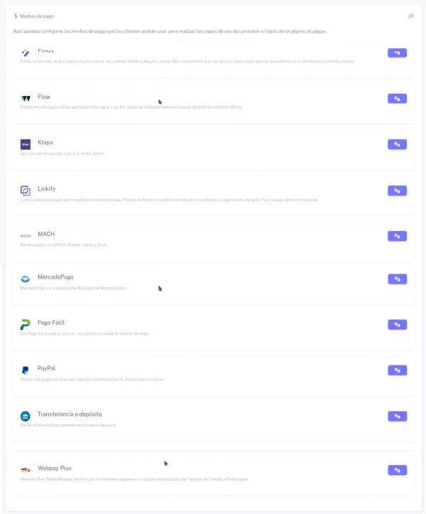 Medios de pago disponibles en LibreDTE