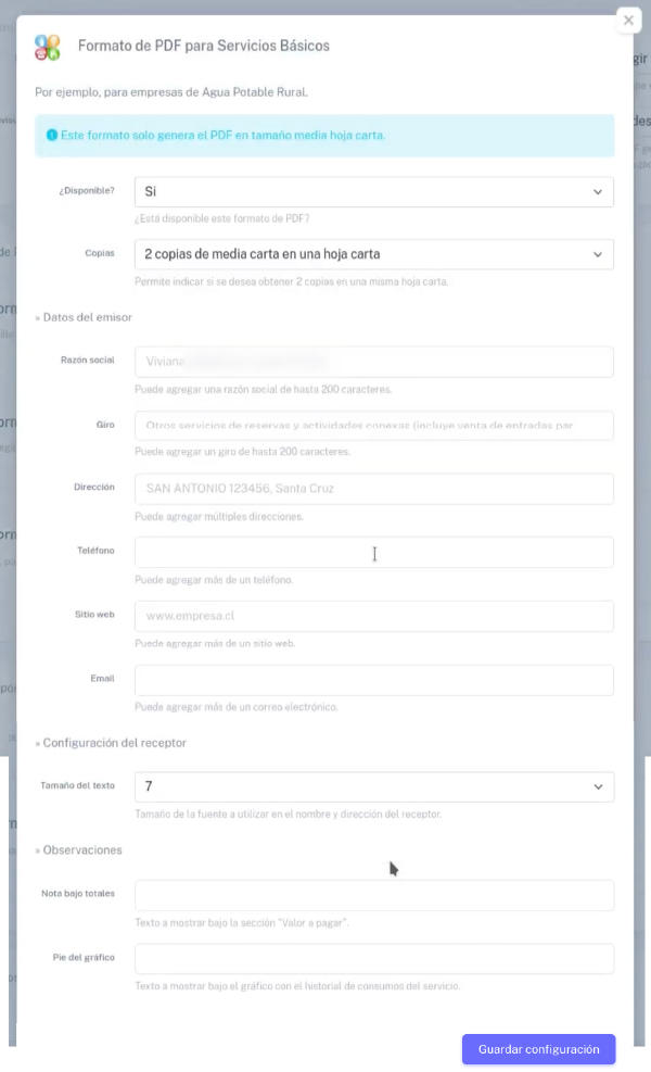 Opción Configuración de la empresa