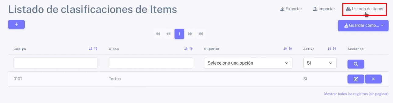 Opción Listado de items