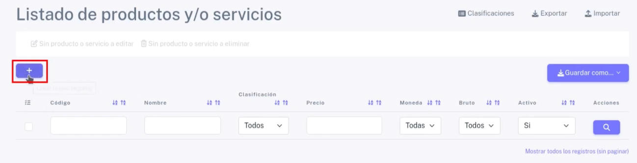 Botón + para crear producto