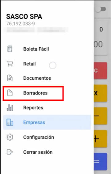 Opción Borradores en menú