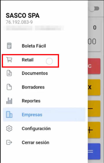 Opción Retail en menú