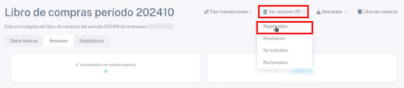 Opción Registrados en Ver resumen RC