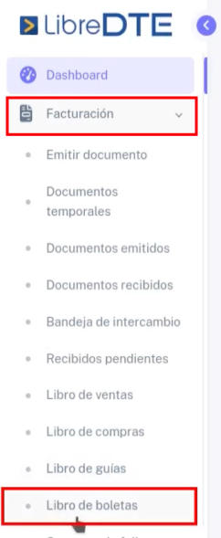 Opción Libro de boletas en Facturación