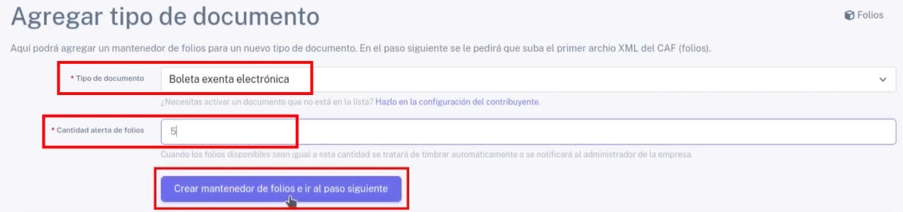 Sección para elegir tipo de documento y cantidad alerta de folios
