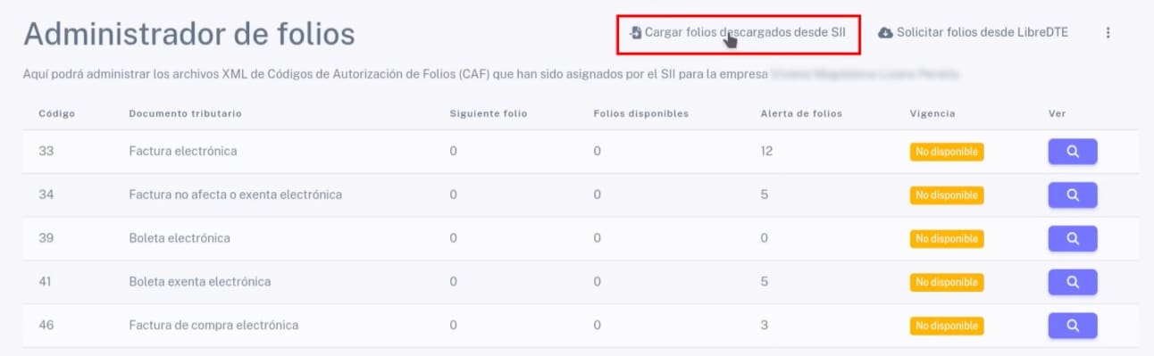 Botón Cargar folios descargados desde SII