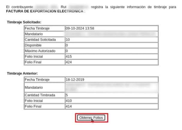 Recuadro con datos de timbraje solicita y anterior
