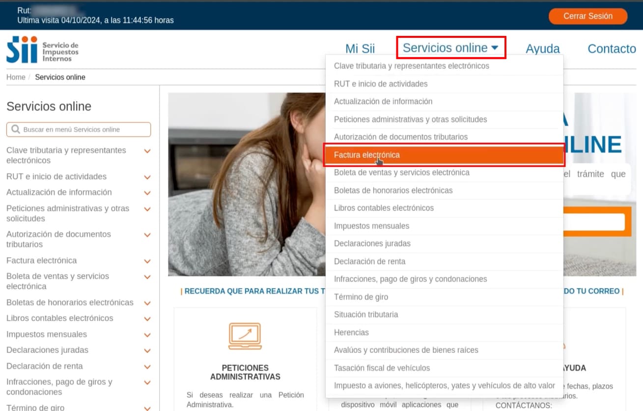 Opción Factura electrónica en Servicios online