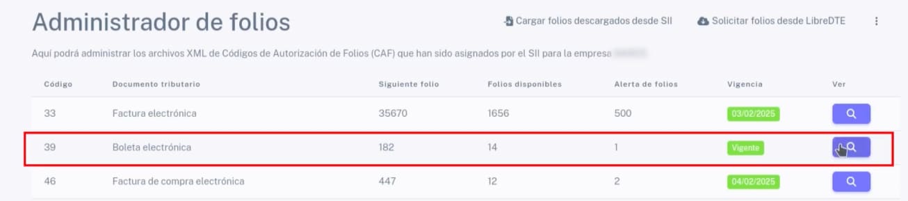 Administrador de folios que muestra archivos XML de CAF