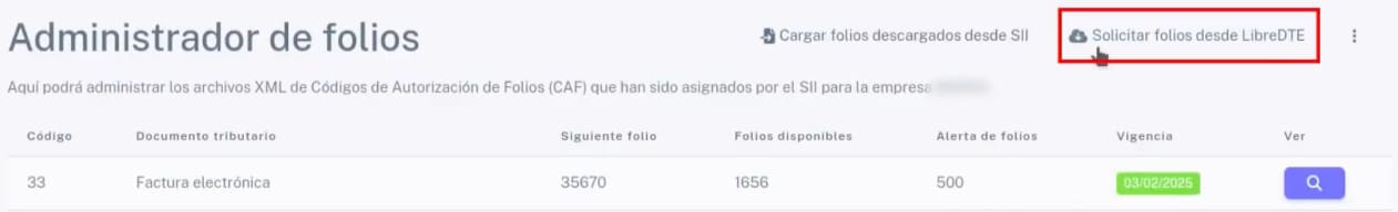 Botón Solicitar folios desde LibreDTE