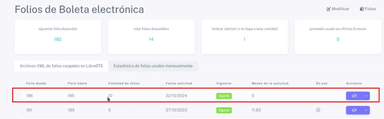 Archivos XML de folios cargados en LibreDTE