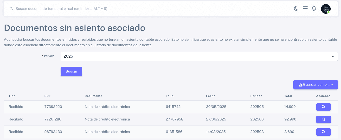 Documentos sin asiento