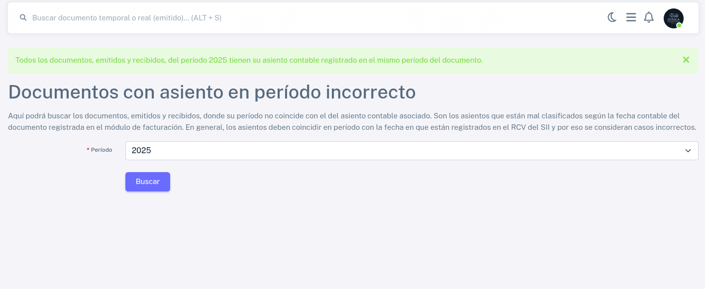 Documentos con asiento en periodos incorrectos