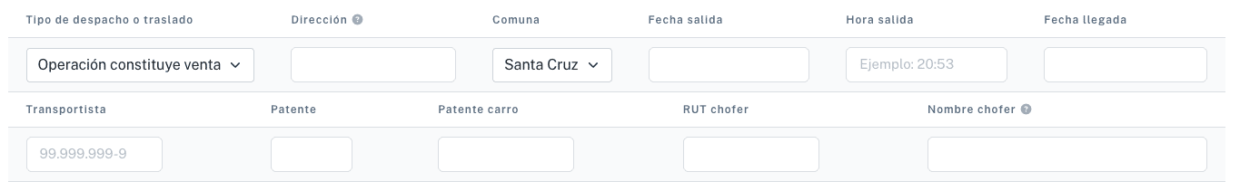 Formulario de emisión de guía de despacho en LibreDTE con los nuevos campos de transporte