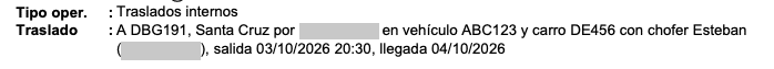Datos del traslado en el PDF de una guía de despacho emitida con LibreDTE