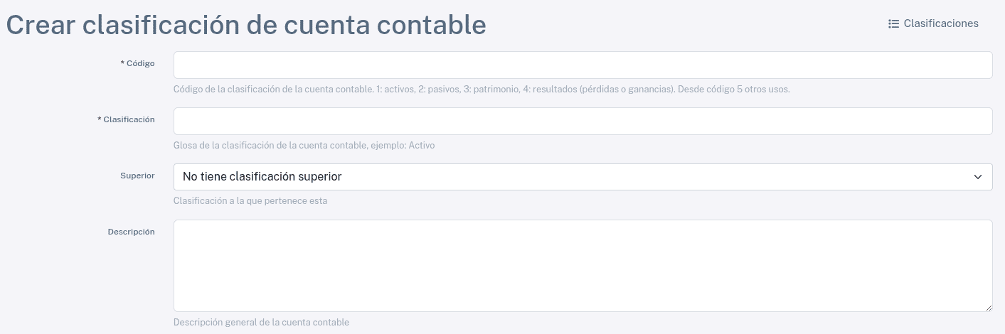 Crear clasificación cuenta contable