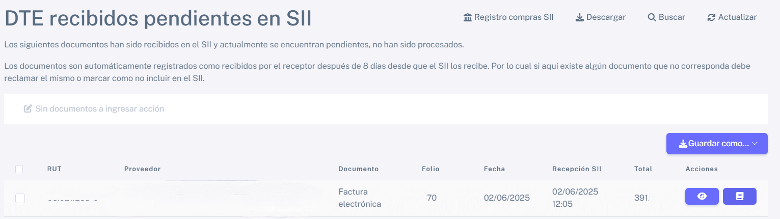 DTE recibidos pendientes en SII