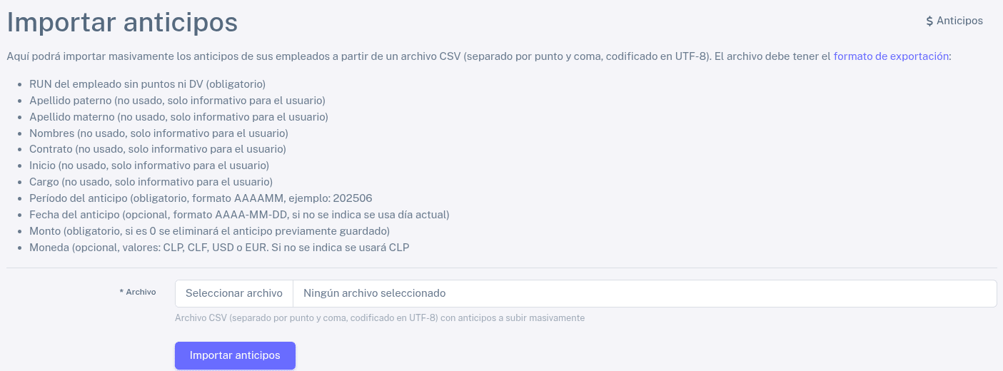 Importar anticipos