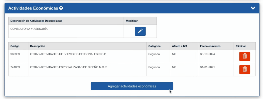 Botón de agregar actividades económicas