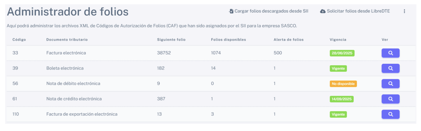 mantenedor de folios creado