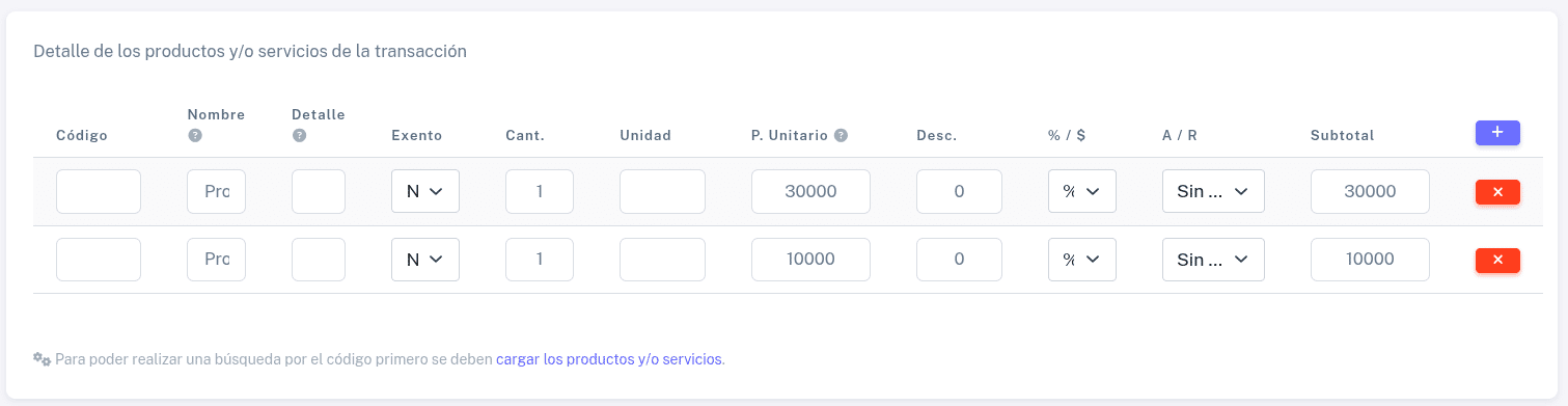 Detalle de los productos y o servicios de la transacción