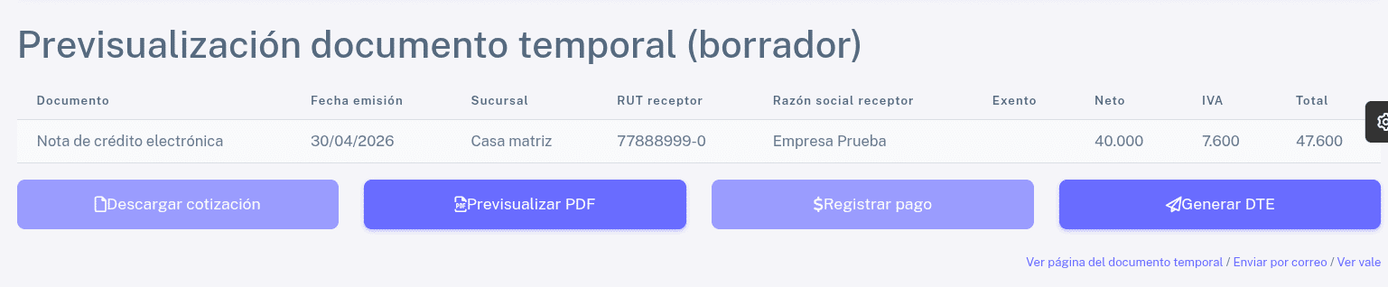 Pagina de previsualización de a nota de crédito