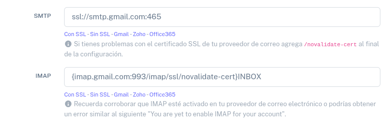 Configuración de los campos SMTP e IMAP con Gmail