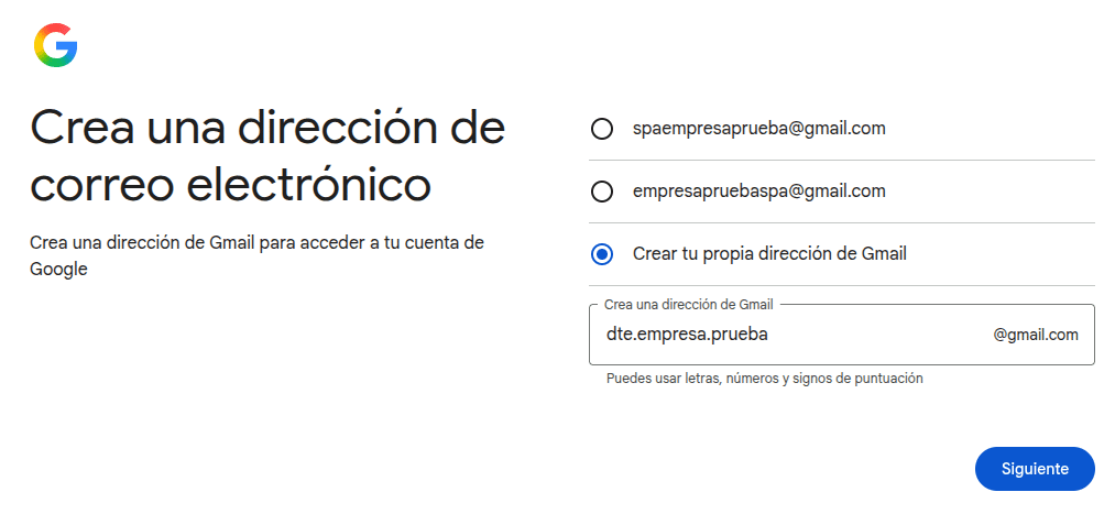 Crear dirección de correo