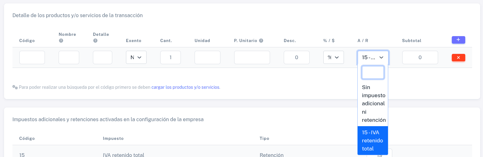 Sección de detalle de productos o servicios