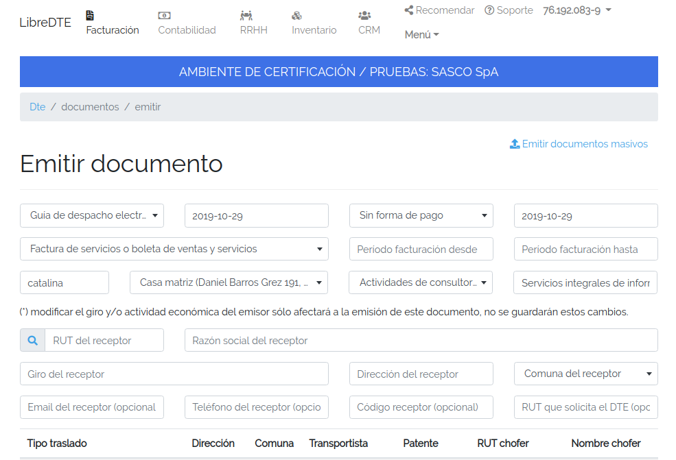 Campo de emisión de documentos LibreDTE