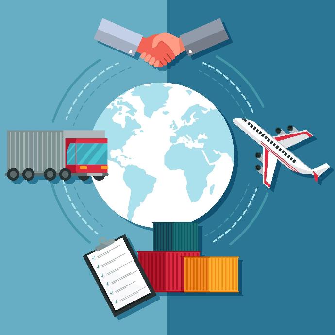Factura de Exportación electrónico Ilustración del planeta Tierra con medios de transporte de exportación alrededor