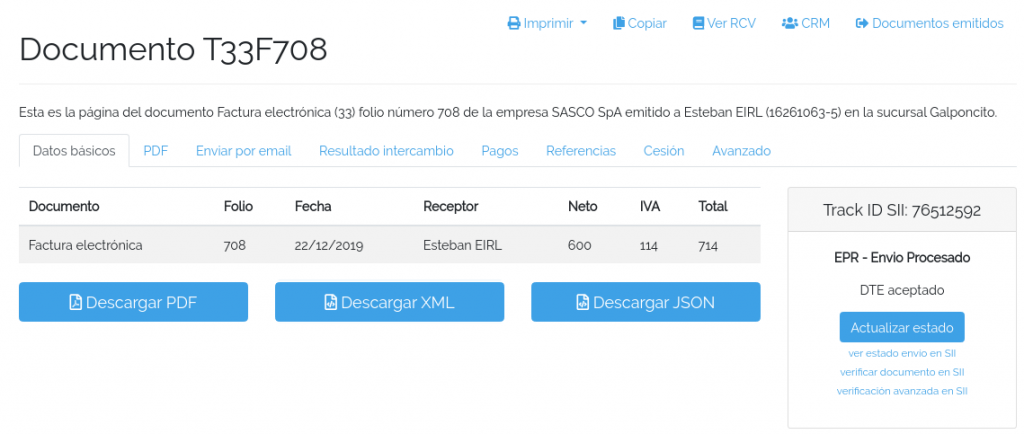 Factura datos de resolución aceptada por SII