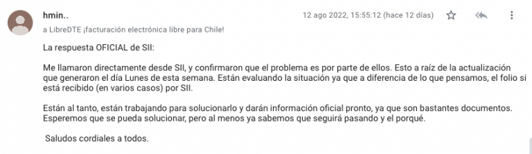 Respuesta oficial del SII, confimarción de error por parte de ellos.